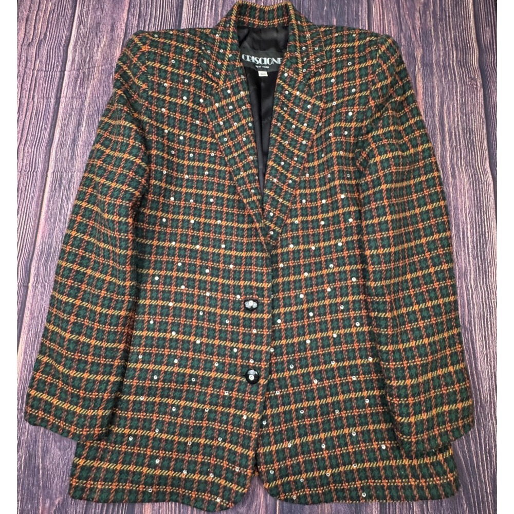 Criscione Blazer Petite Wool Plaid Sequin Vintage 90s Dark Academia Green Orange
